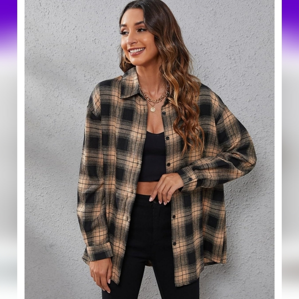 Plaid Button-Down Shirt - Black and Tan Large